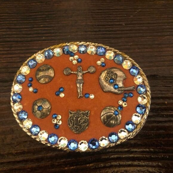 NWOT Cheer belt buckle orange blue rhinestones - Picture 1 of 2